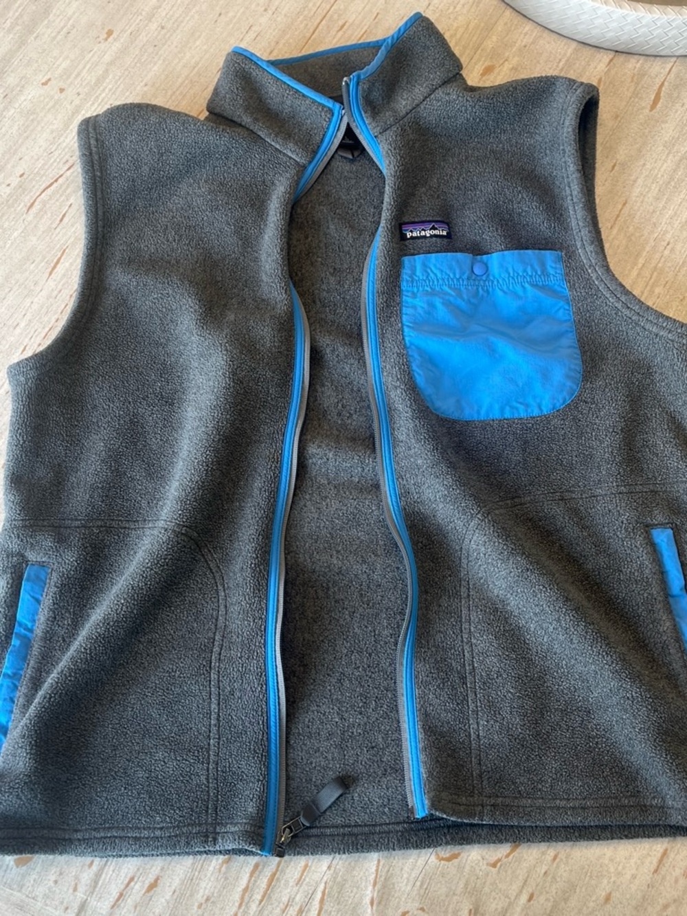Patagonia Gray Fleece Vest with Bright Blue Trim